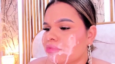 Chubby Girl With Fake Cum On Her Face Sucks A Big Dildo