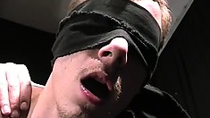 Eager blonde gets blindfolded and his asscrack worked until he moans