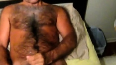 Very hairy daddy strokling his cock