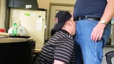 Daddy trucker dumps a quick load in Chubby Boy's mouth...