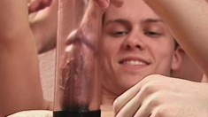HUng dudes get freaky while trying out a powerful penis pump